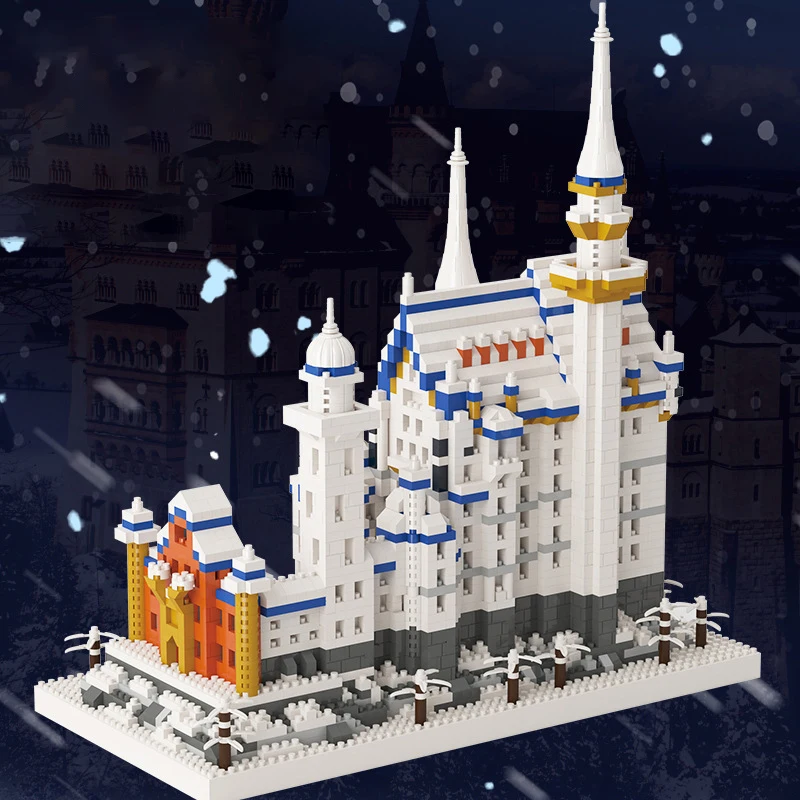 Mini World Architecture Snow New Swan Stone Castle LED Light Model Diamond Blocks Bricks Building Toy For Children No Box