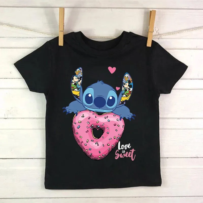 Camiseta infantil fofa de desenho animado, costura, camiseta infantil can o stitch, camiseta com padrão de anime, tops para meninas e meninos 2024 novo