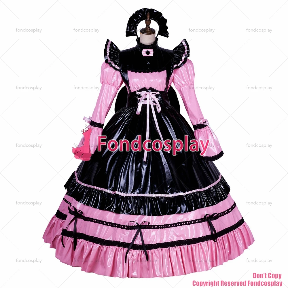 fondcosplay adult sexy cross dressing sissy maid long Lockable pink PVC Vinyl Dress Uniform black apron CD/TV[G1763]