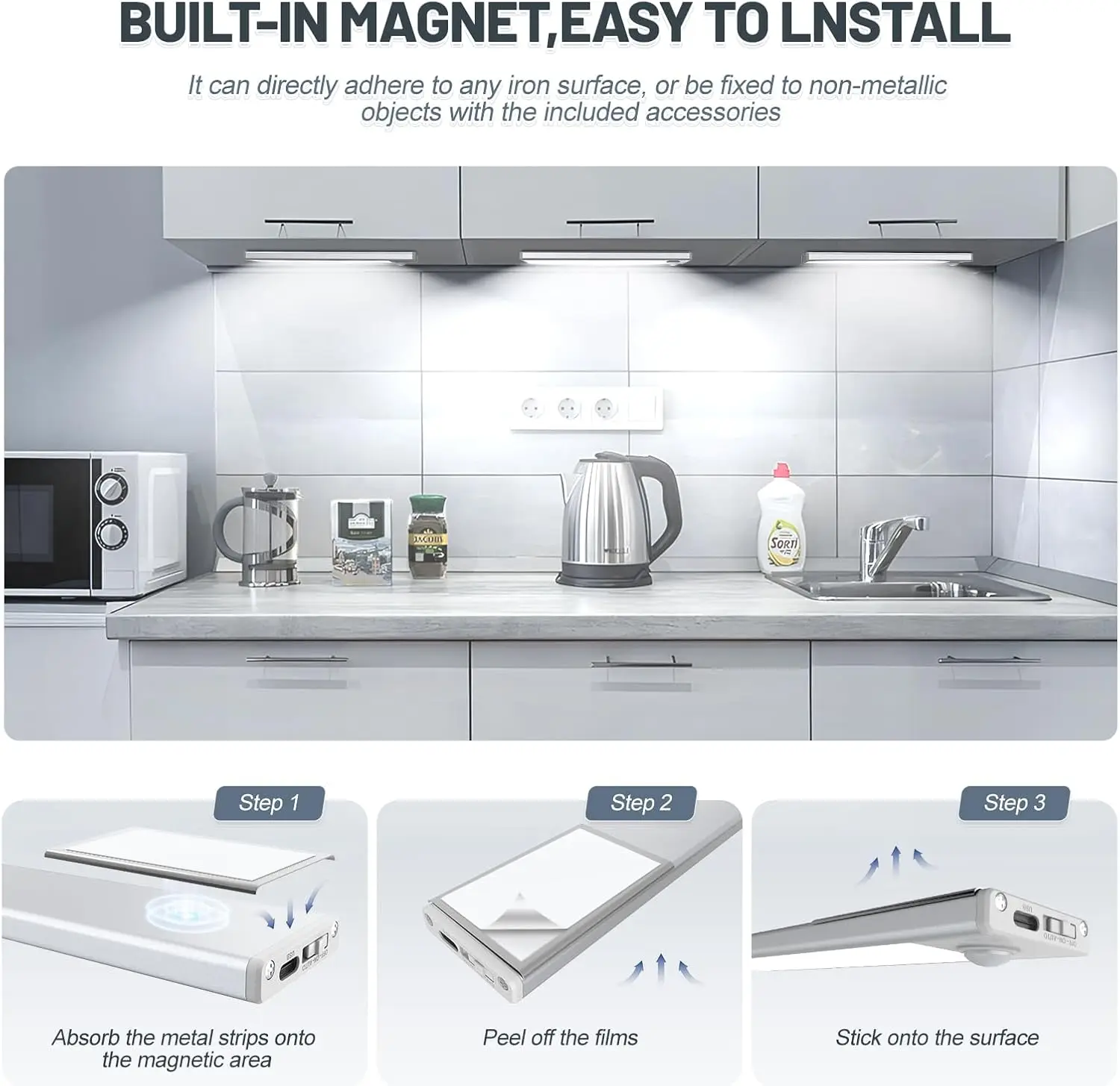 Wireless Motion Sensor LED Cabinet Lights, 6-Pack Rechargeable Stick-On Lighting for Kitchen Stairs