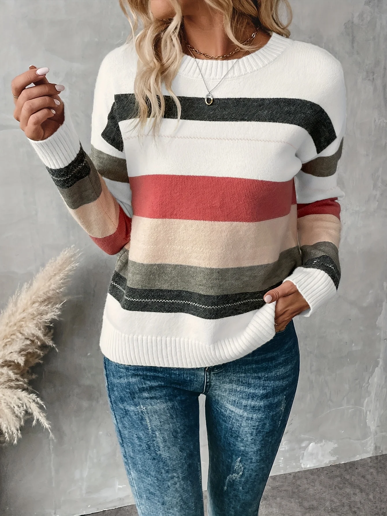 

Women's Color Block Striped Crew Neck Sweater, Casual Long Sleeve Loose Knit Pullover, Vintage Stripe Daily Top