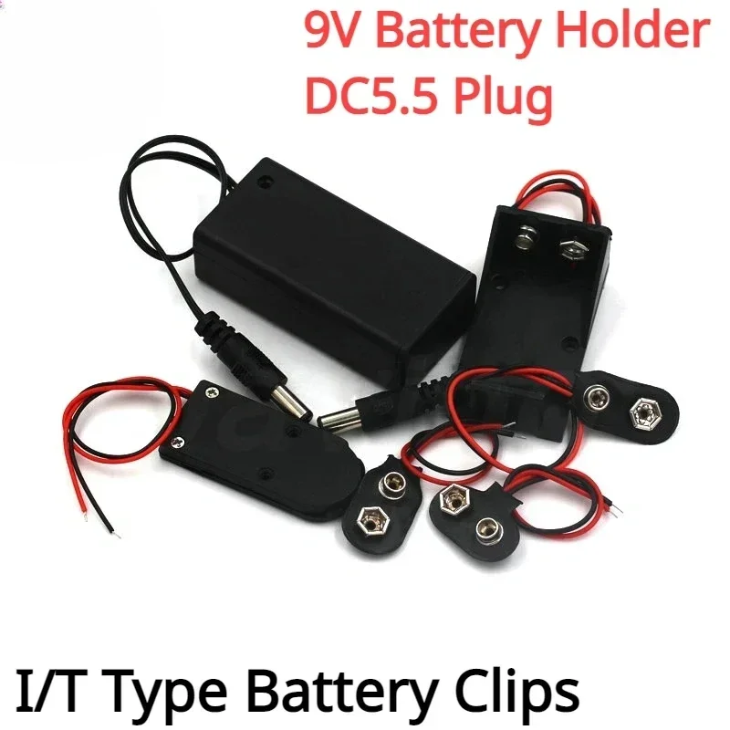 

1pcs 9 volt Box Pack Power Toggle Black 9V Battery Holder I/T Type Battery Clips Connector Buckle with ON/OFF Switch,DC5.5 Plug