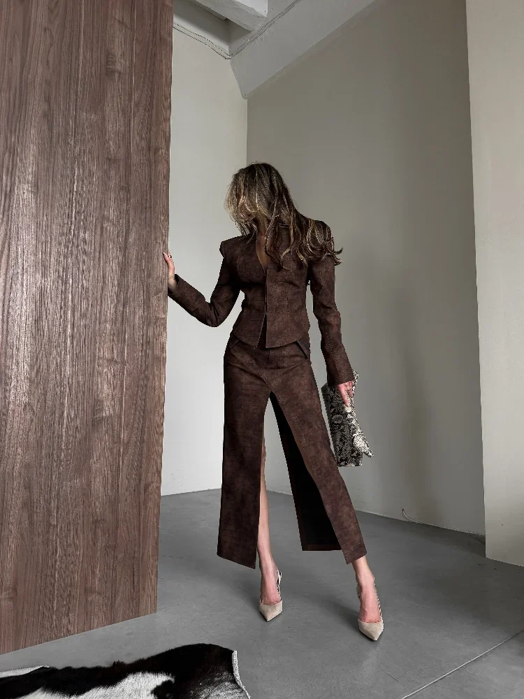 Brown Faux Crocodile Texture Two Piece Outfit Stand Collar Cropped Jacket High Slit Skirt 2026 Women Casual Street Matching Set