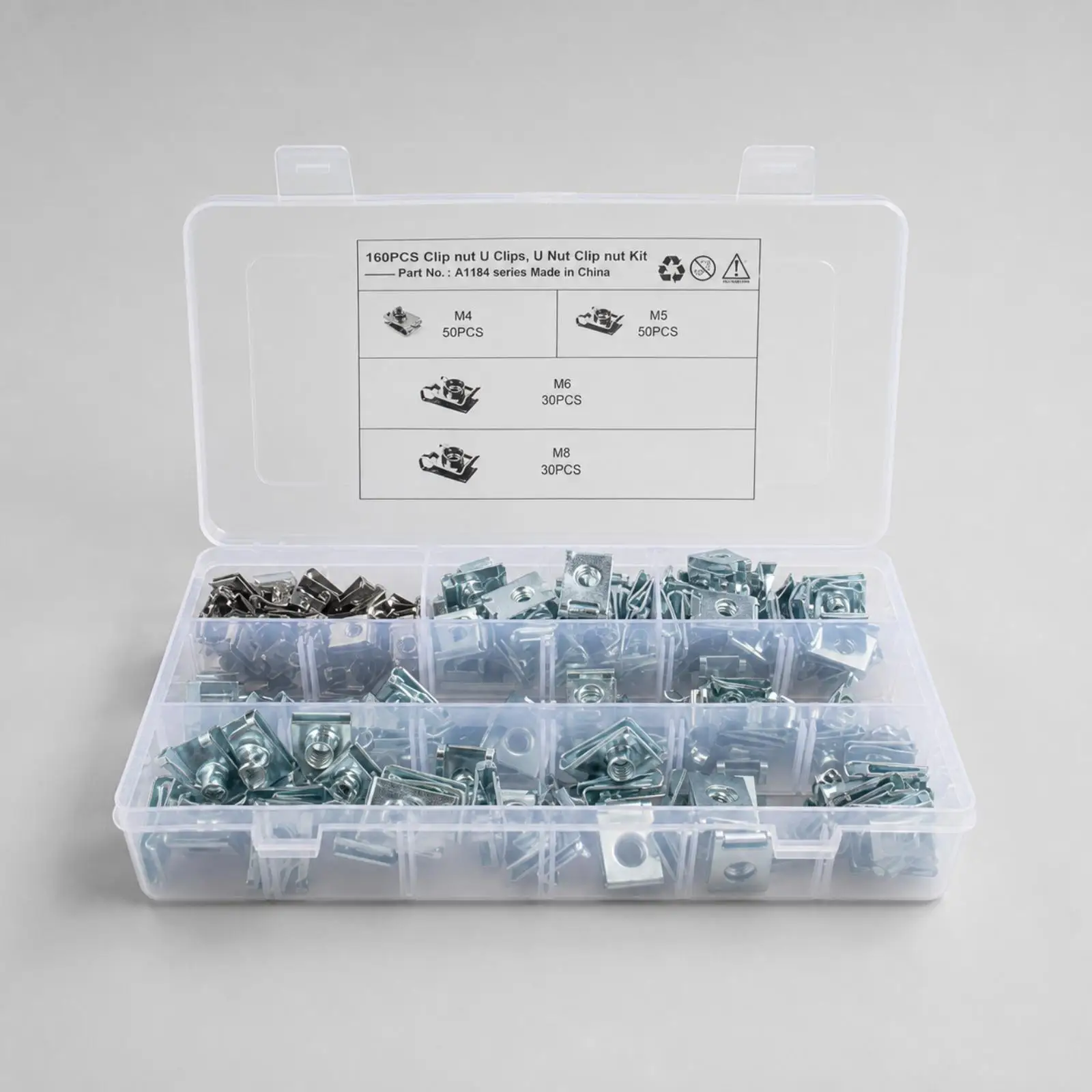 Spring Clip Nut Assortment M4 M5 M6 M8 for Automotive Repair DIY Projects with Clear Storage Box