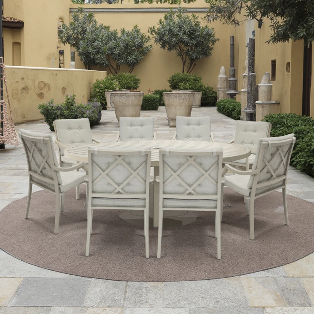 Outdoor Furniture Modern 9pcs Aluminum Tube Metal Dining Table Set for Villa Courtyard Home Bar Application