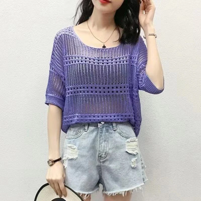 Leisure, Elegant, Sexy 2024 Spring Hollow Round Neck Short Sleeve Knitted Top