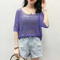 Leisure Elegant Sexy 2025 Spring Hollow Out Round Neck Short Sleeve Knitted Top Shirt&Blouses Solid Color Sweater Sweet Crop Top