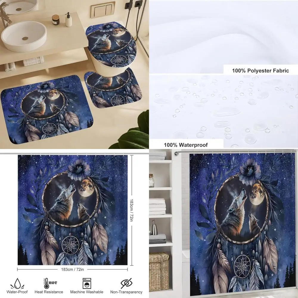 

4-Piece Wolf Watercolor Shower Curtain Set, Vintage Dreamcatcher & Native American Style with Waterproof Toilet Cover and Shower