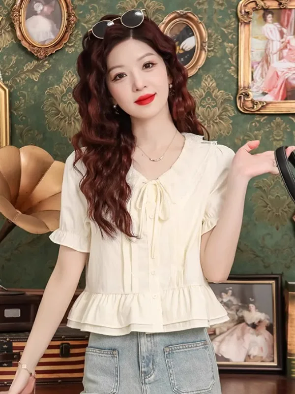 

Summer Lace Splice round Ne ort Sve Women's irt Design Sensation Gathers Hemline Open Cardigan Sle Cotton Linen Blend