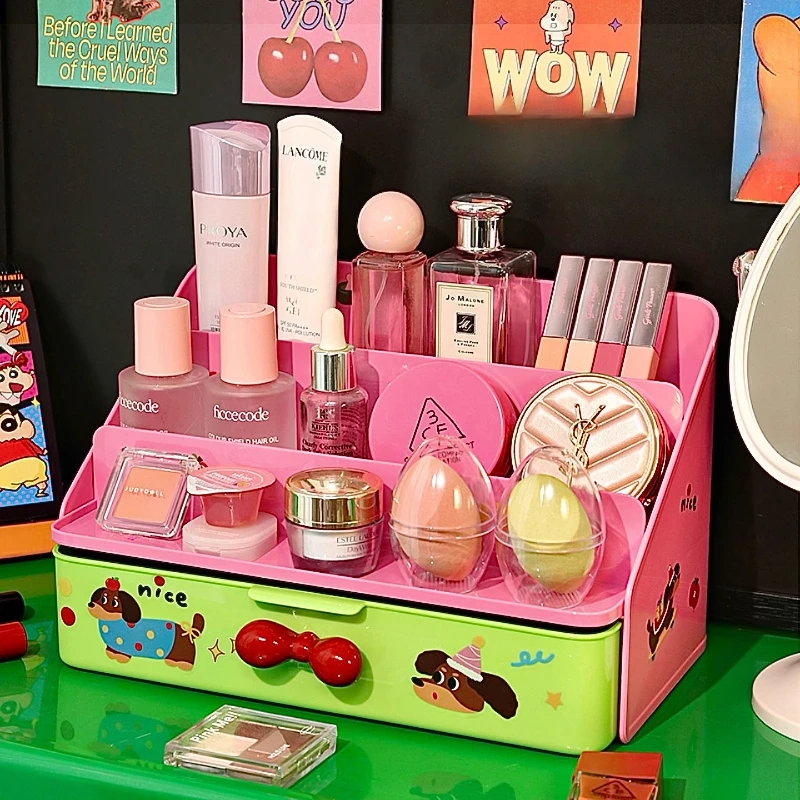 

Kawaii допамин коробка для хранения макияжа органайзер настольный милый туалетный столик перегородка лестница 3-слойная полка для хранения косметики