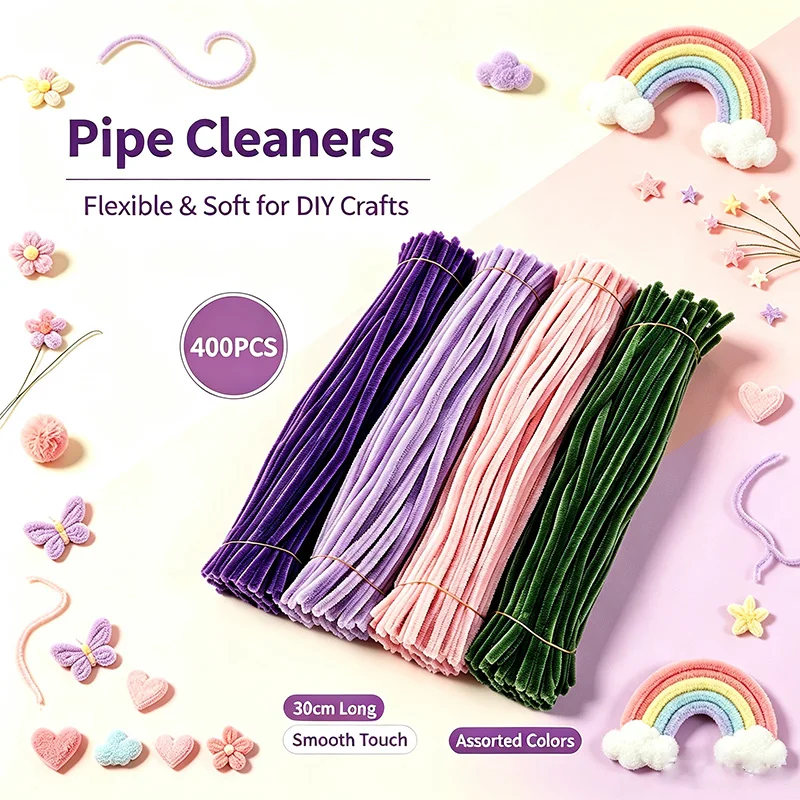400-Piece Chenille Stems Set, Chenille Stems for Flowers, Multi-Color Floral Crafting Set, Art and Craft Supplies, Handmade Material Set