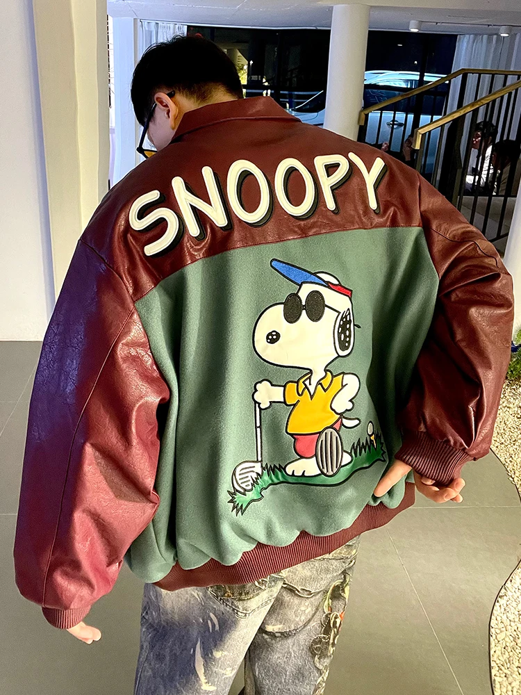 

Мультяшная цветная бейсбольная куртка из хлопка в стиле ретро, утепленная кожаная куртка для пар, молодежная мода