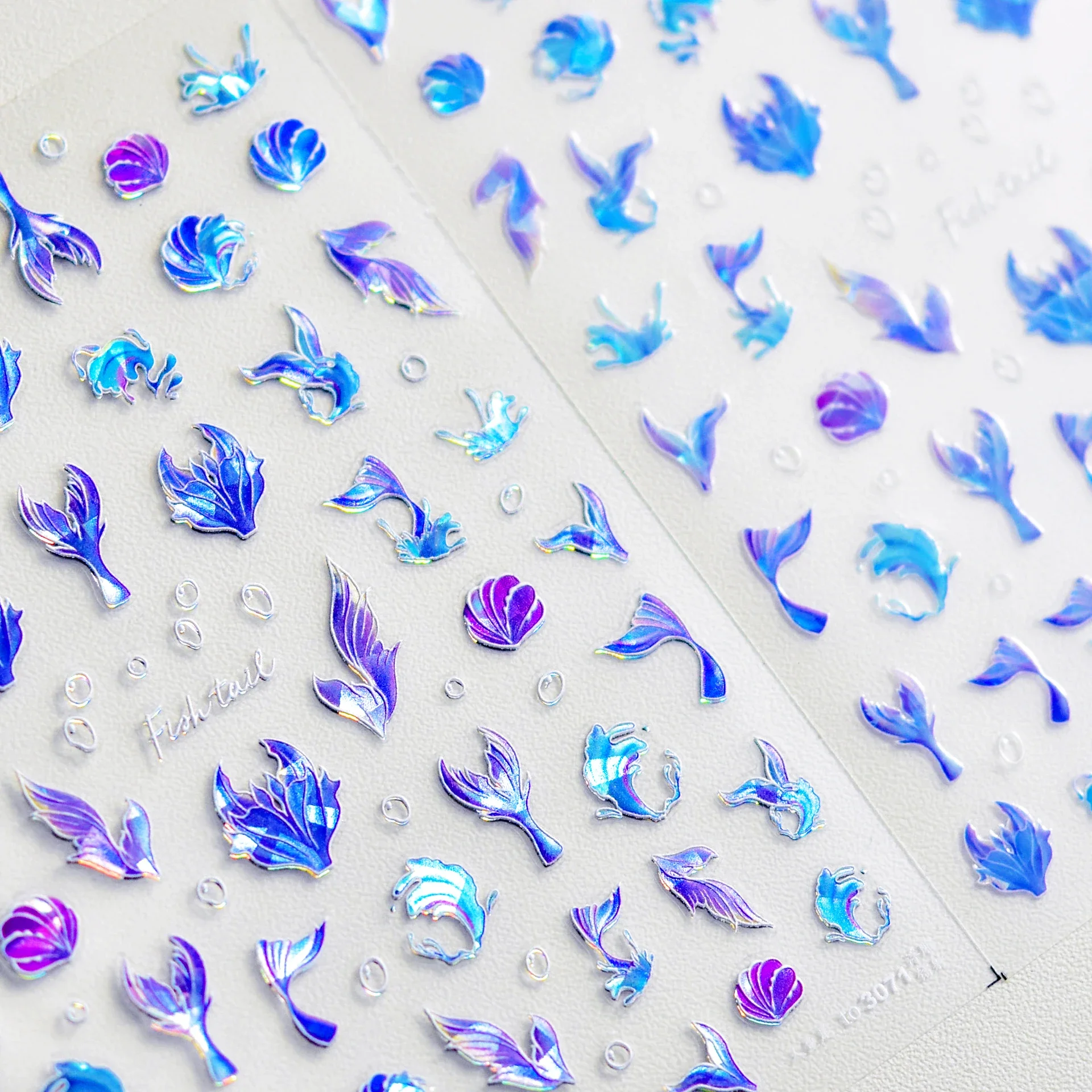 Ocean Blue Shell Illusion Jellyfish Mermaid Fishtail Dazzling Girl 3D  Nail Art Sticker Summer Sea Spray Beach Manicure 5D Decal