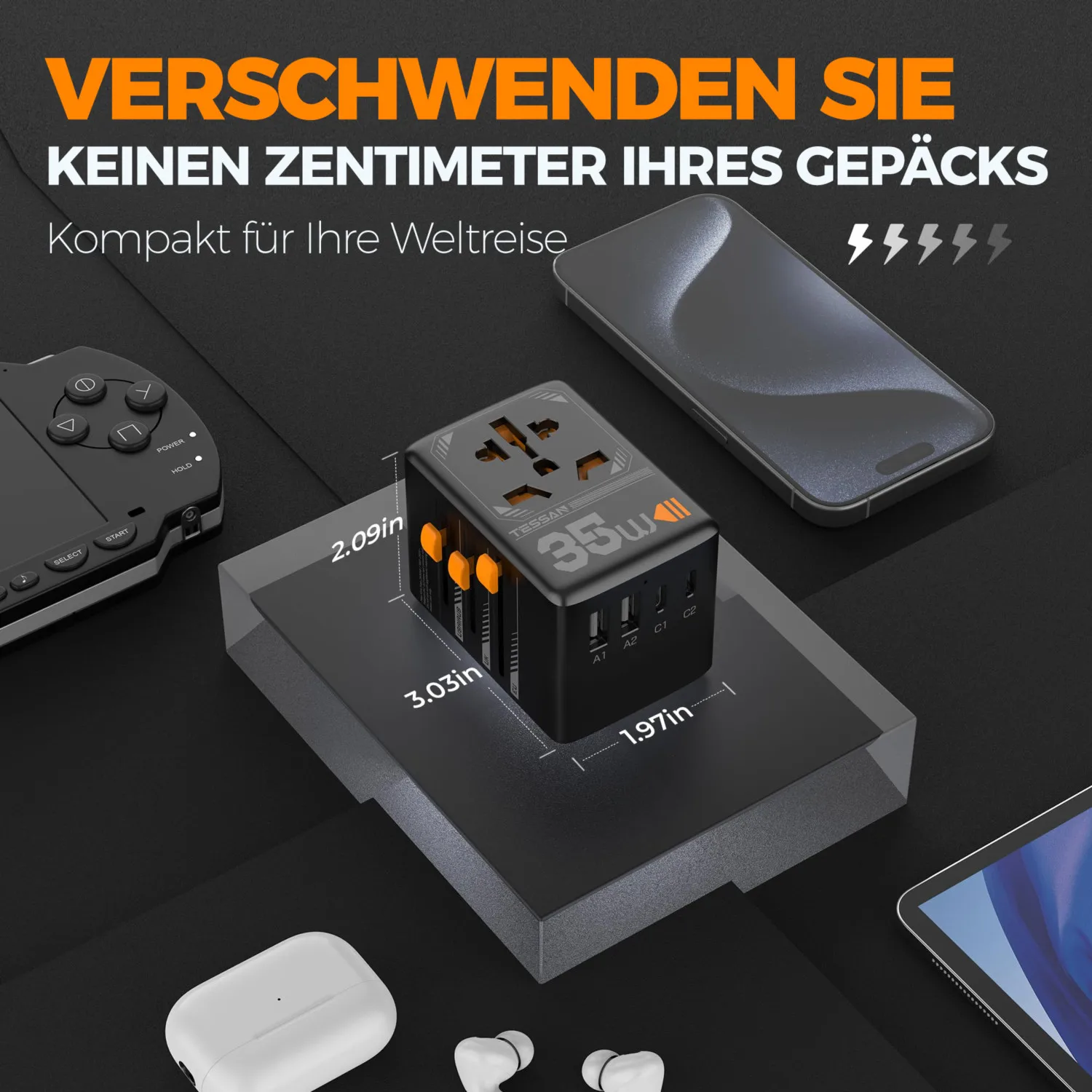Uniwersalny adapter podróżny TESSAN GaN z wieloma portami USB do szybkiego ładowania Międzynarodowy adapter wtyczki 35W 65W Worldwide Power Outlet — zdjęcie produktu 5