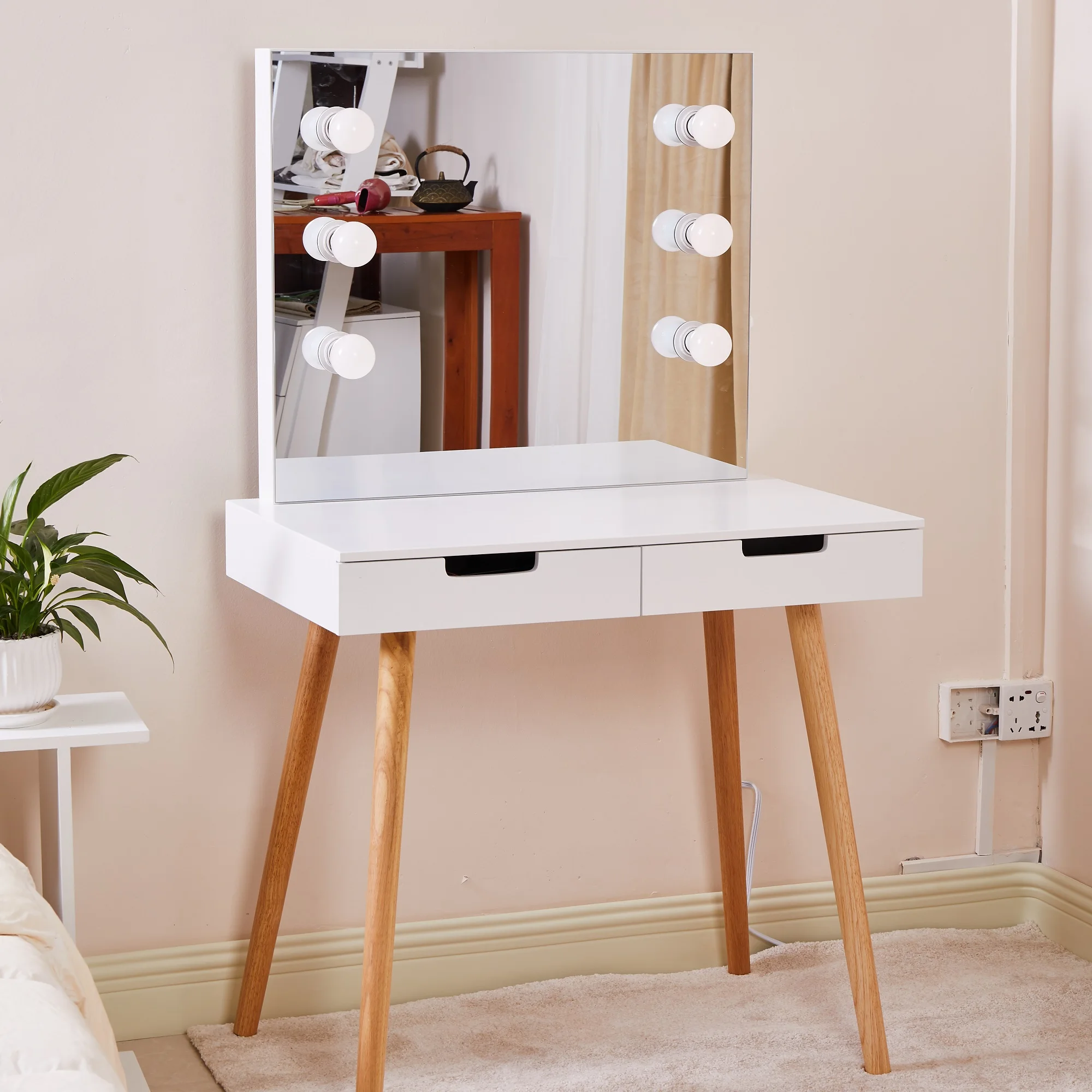 Wooden Vanity Table Makeup Dressing Desk with Mirror&LED Light 2 Drawer Dresser White New Product Promotion[US-W]