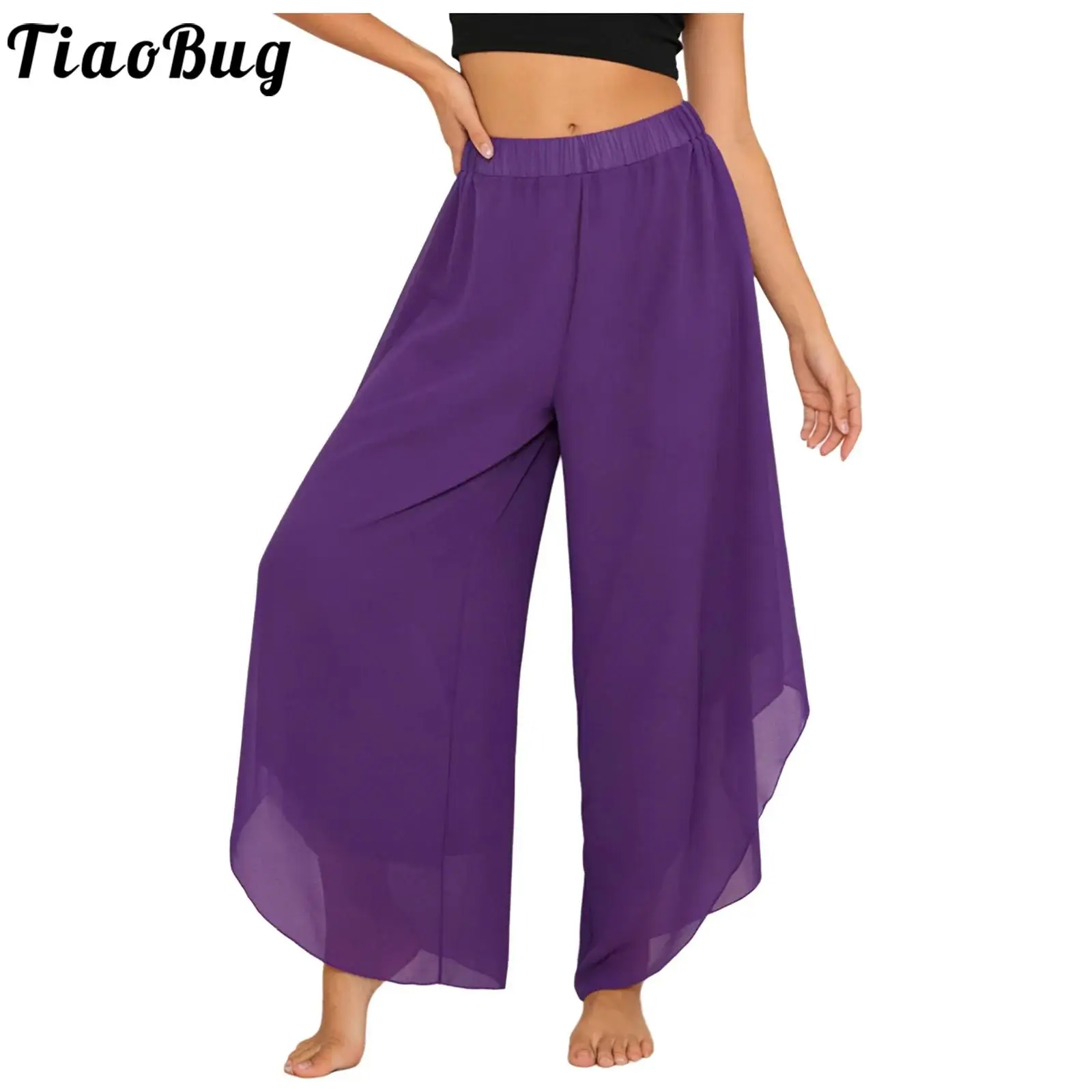 

Women Chiffon Lyrical Modern Ballet Belly Dance Costume Wide Leg Pants Elastic Waistband Tiered Trousers for Dancing Training