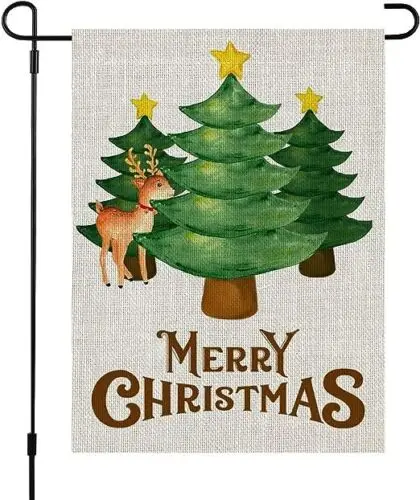 Christmas Tree and Deer Merry Christmas Garden Flag, 12 x 18 Inch ANM VVL MZZ GGO