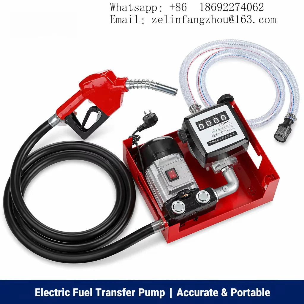 SFOP-60 DC Electric Motor Fuel Dispensing Pump Flow Meter Digital Liter Display Totalizer 220V Red Metal Cradle Nozzle