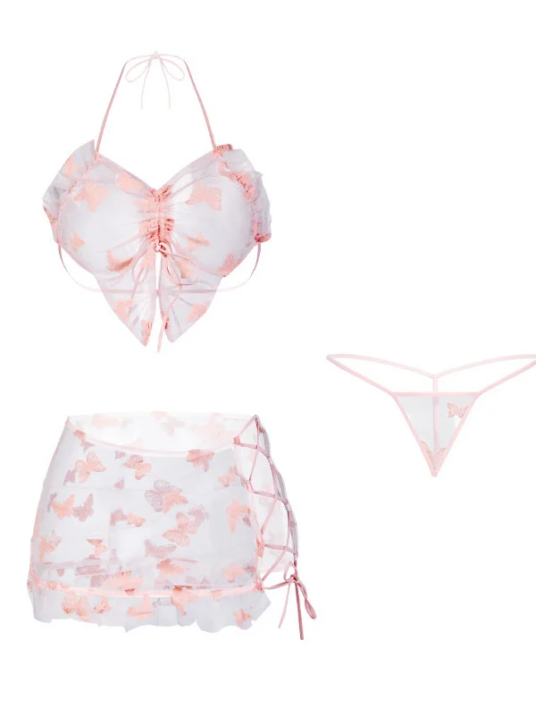 Sexy lingerie borboleta cinta perspectiva bela volta com decote em v três pontos hip abraçando vestido curto elegante quente sexy coreano 1s0m