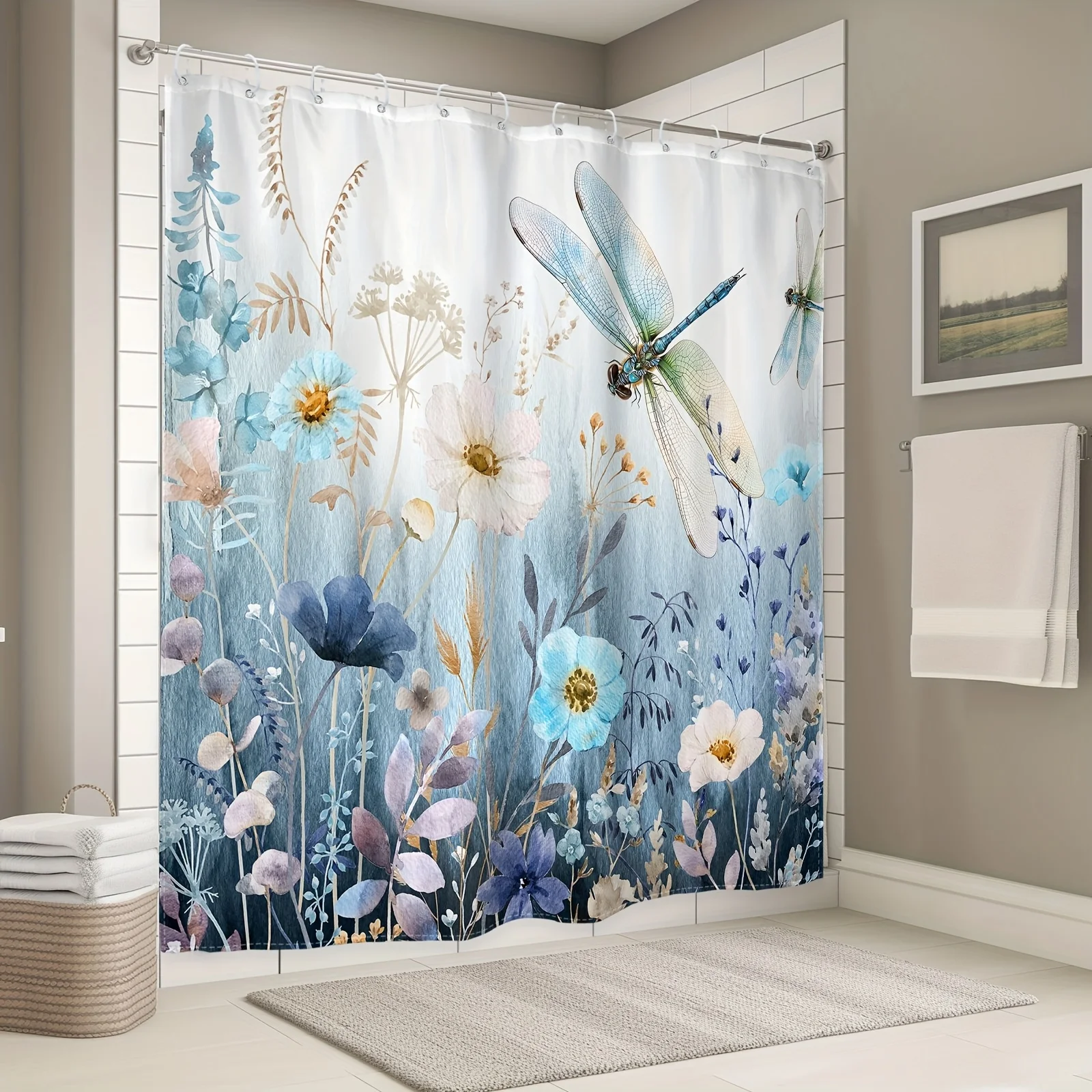 Featuring Delicate Flowers, Dragonflies, Soft Pastel Colors, Whispering Wind, and Gentle Streams for Serene Bathroom Decor