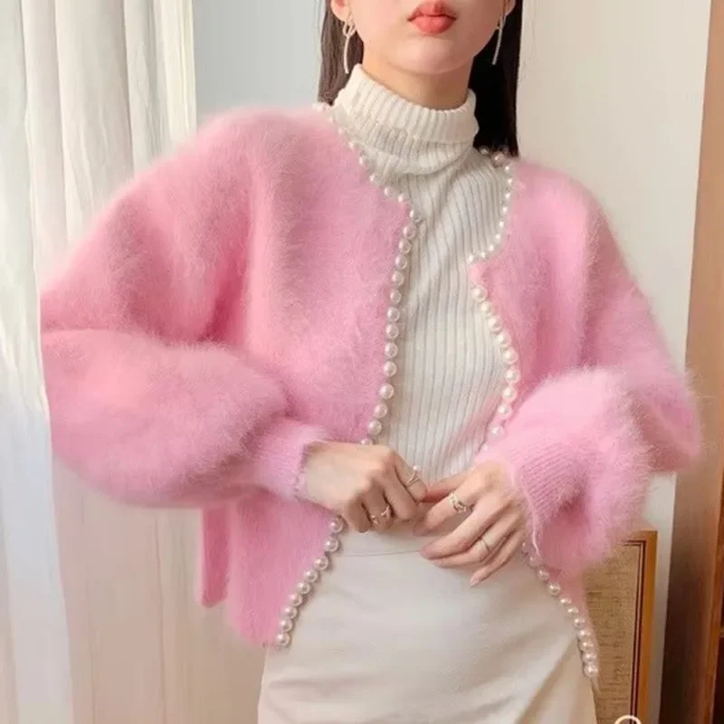 

Fleece Sweater Cardigan Jacket Women Outerwear 2025 Autumn Winter New Fashion Ladies Pearl Knit Lantern Sleeves Imitation Mink