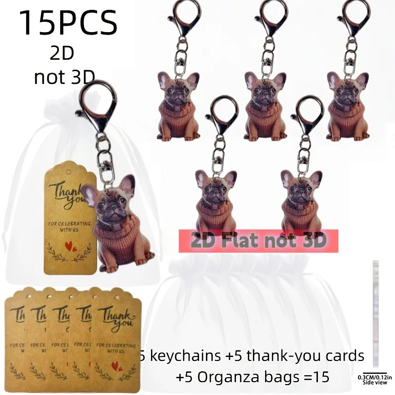 2D French Bulldog Keychain Set 15pcs Cartoon Puppy Pendant Flat Acrylic Ornament Hanging Decoration for Car Bags Festive Gift
