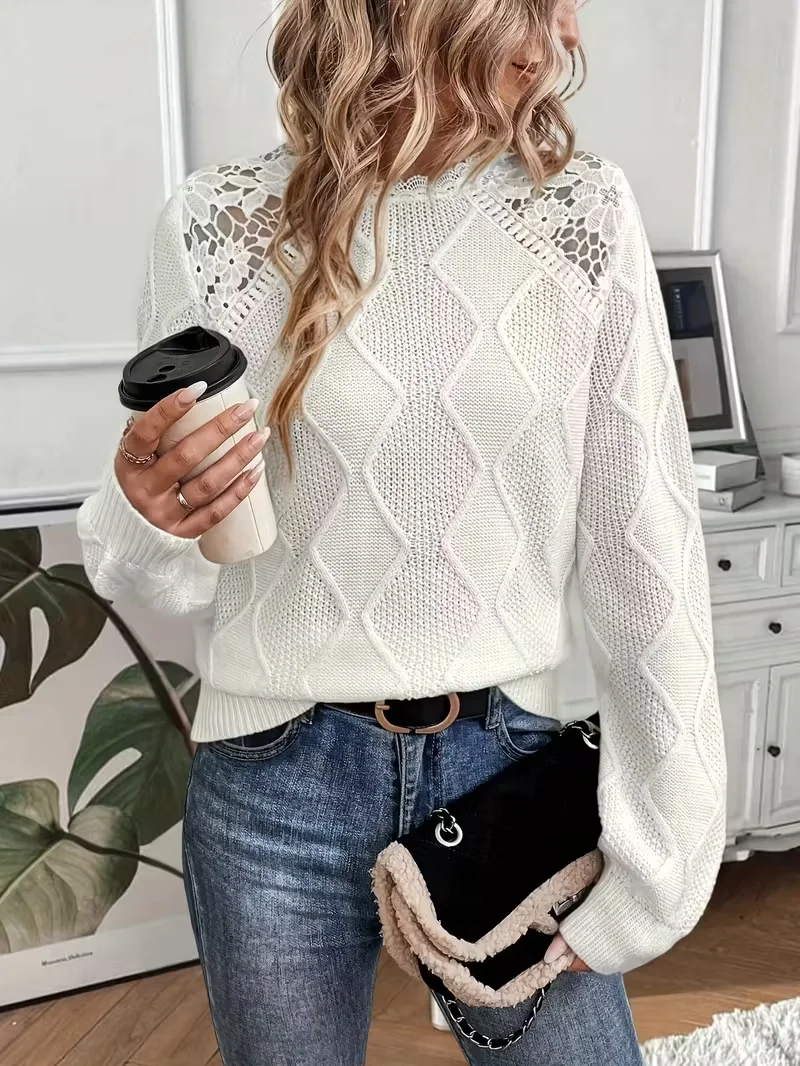 Suéter de malha de renda grossa elegante feminino, cor sólida em torno do pescoço de manga comprida casual solto pulôver macio, pulôver de renda pullo