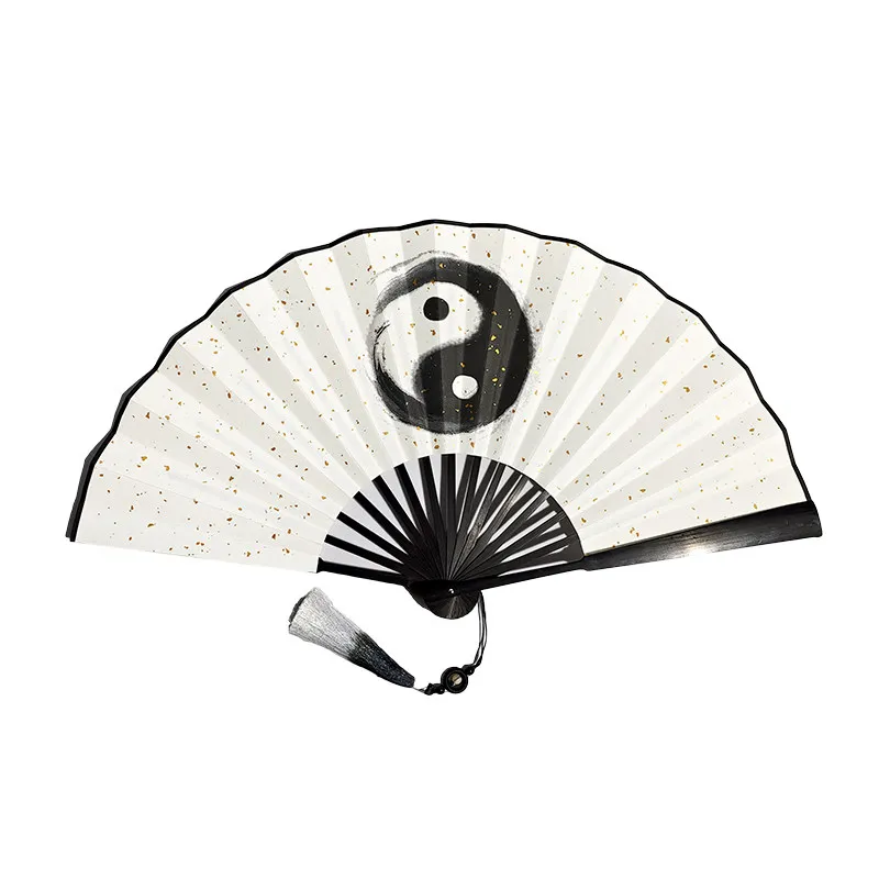 Chinese Tai Chi Style Folding Fan Sprinkled Golden Rice Paper Hand Fan Ancient Style Creative Summer Cool Performance Dance Fans