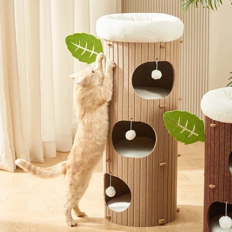 Heavy-Duty Felt Cat Barrel Durable Cat Climbing Tower with Lookout Platform  Multi-Level Cat Rest Tree Hole All-Season Use