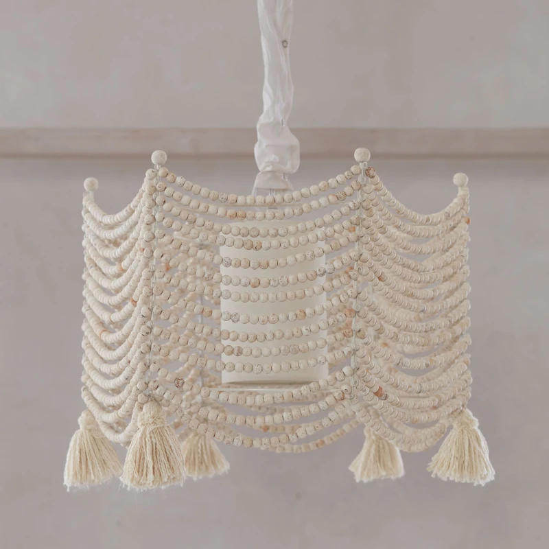 

New York Downtown Park Imported Roll Bead Curtain Bohemian Hexagon Slouching Weathered White Wood Bead Pendant Lamp