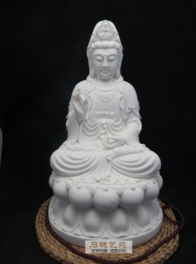 28.5cm LARGE family efficacious Talisman Guanyin Buddha FENG SHUI royal White marble engraving Sculpture statue