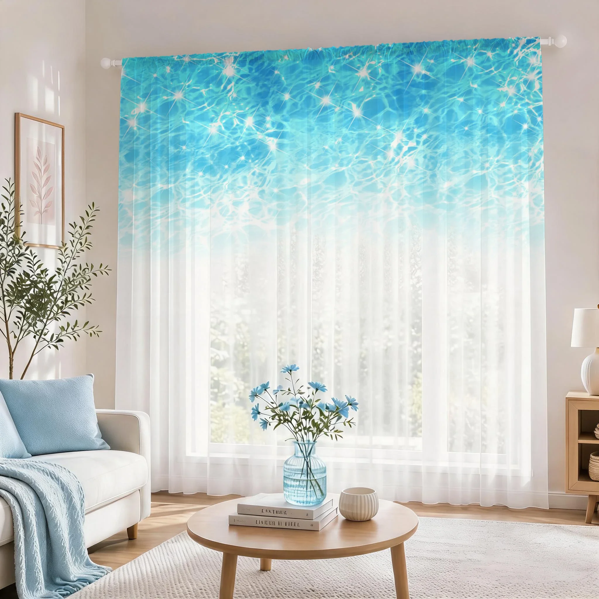 Blue Modern Gradient Sheer Curtain, Good Quality AsazalLight Reducing Luxurious Privacy Voile For Living/Bedroom/Kids Room, Gift