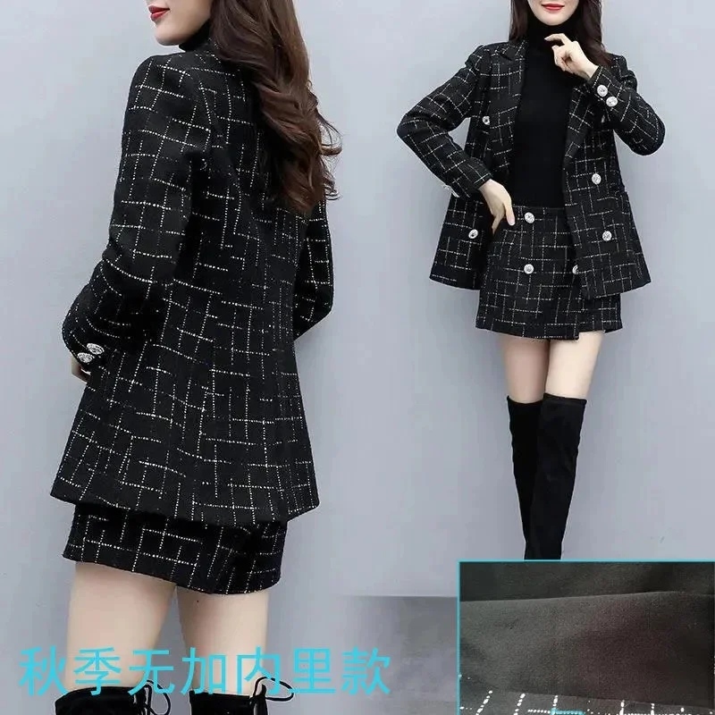 2022 Autumn Winter New Style Thickened Woolen Plaid Coat Slim Bag hip Skirt Pants Fashionable Temperament Two-piece Suit Female