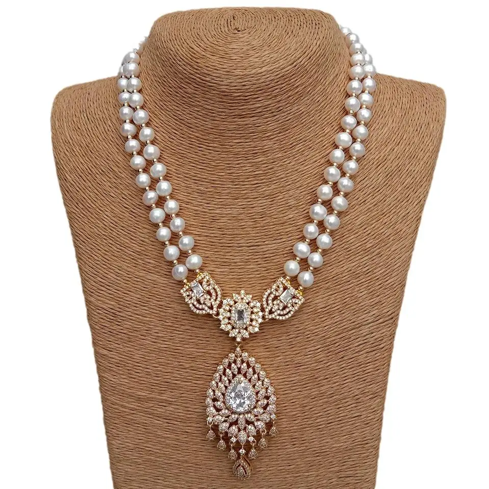 YYGEM  Cz Pave gold plated charm pendant 2 Strands 7-8mm Cultured White round Pearl Pendant Necklace Boho Collier Women Jewelry
