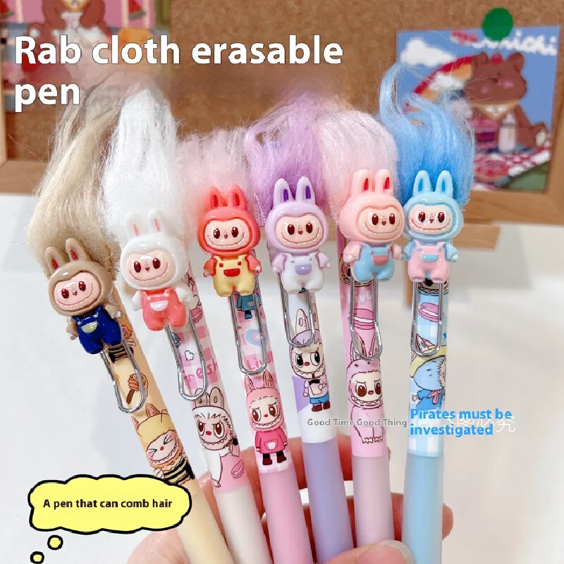 3-6pcs Labubu Gel Pen Kawaii Erasable Blue Black 0.5mm Cartoon Press Gel Pen Student Office Stationery Birthday Gift Wholesale