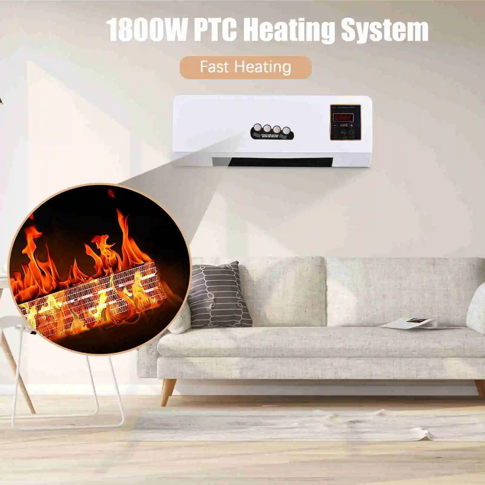 Heater Fan 2 in 1 Heating Nature Wind Timing Digital Display Wall Mounted Space Heater for Home Office Dormitory