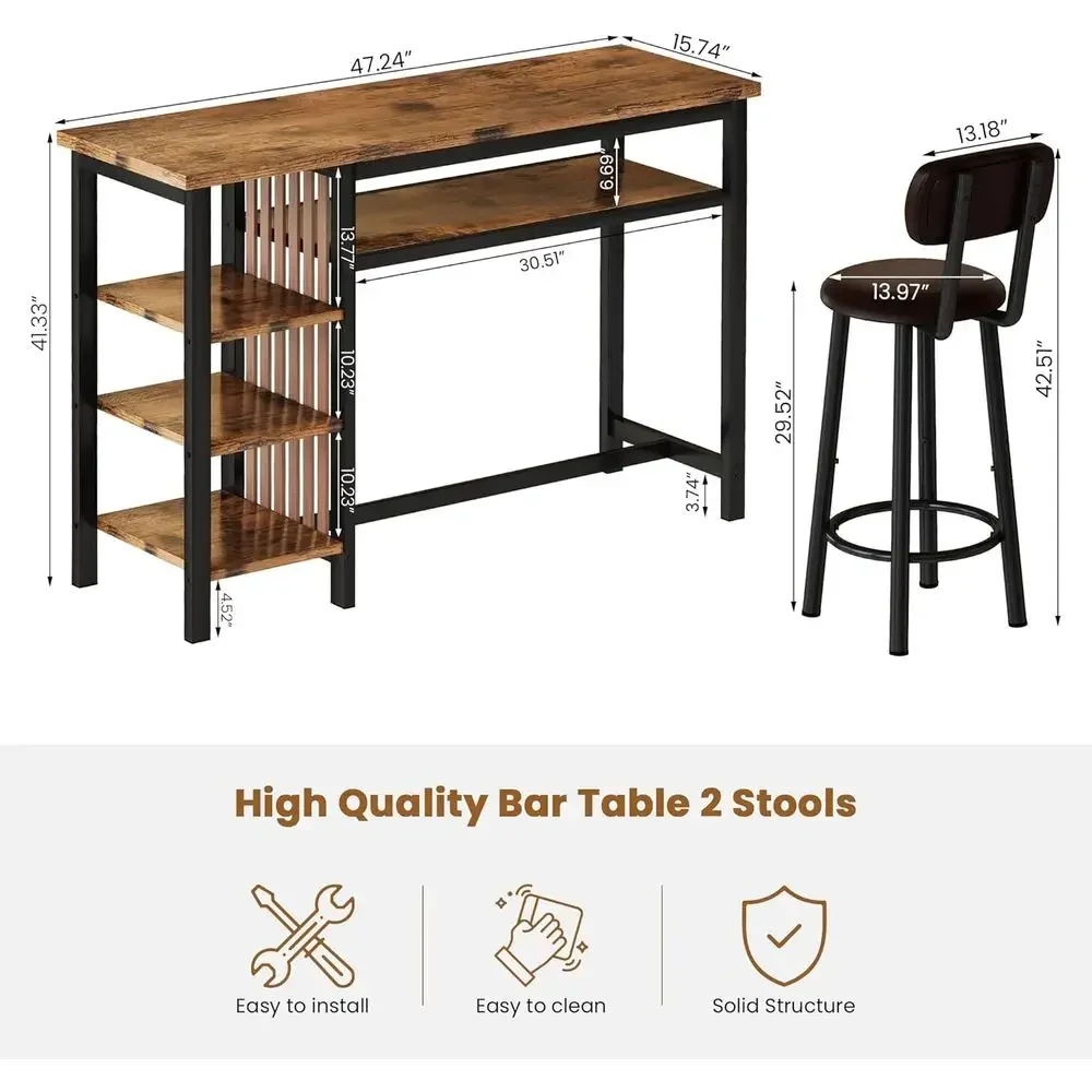 3-Piece Dining Set with Bar Table and Stools, Counter Height Table Set with Storage, Breakfast Nook with Backrest - view 6