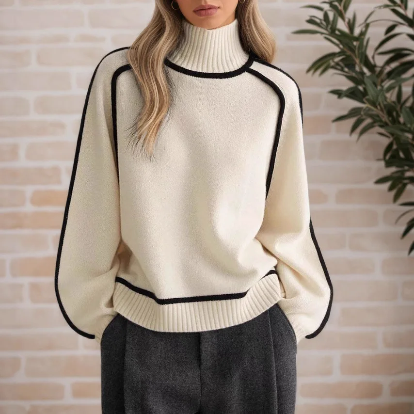 

2025 Autumn and Winter Semi-turtleneck Three-dimensional Striped Thin Casual Loose Pullover Knitted Sweater Lazy Wind Sweater