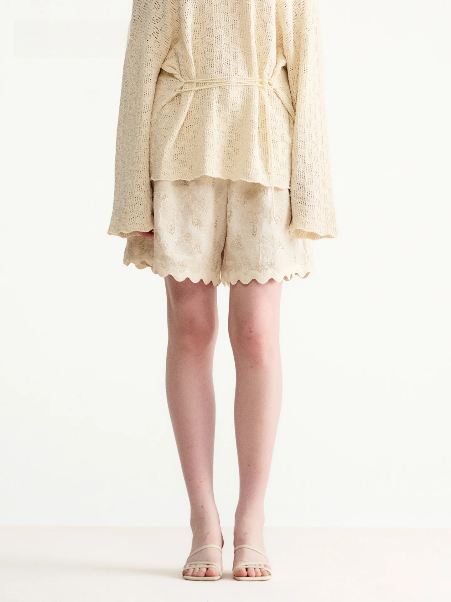 

Hamere Summer 2026 Heavy Embroidery Linen Casual Pants Loose Wide Leg ort orts Wave Hemline l Waist Zipper Closure