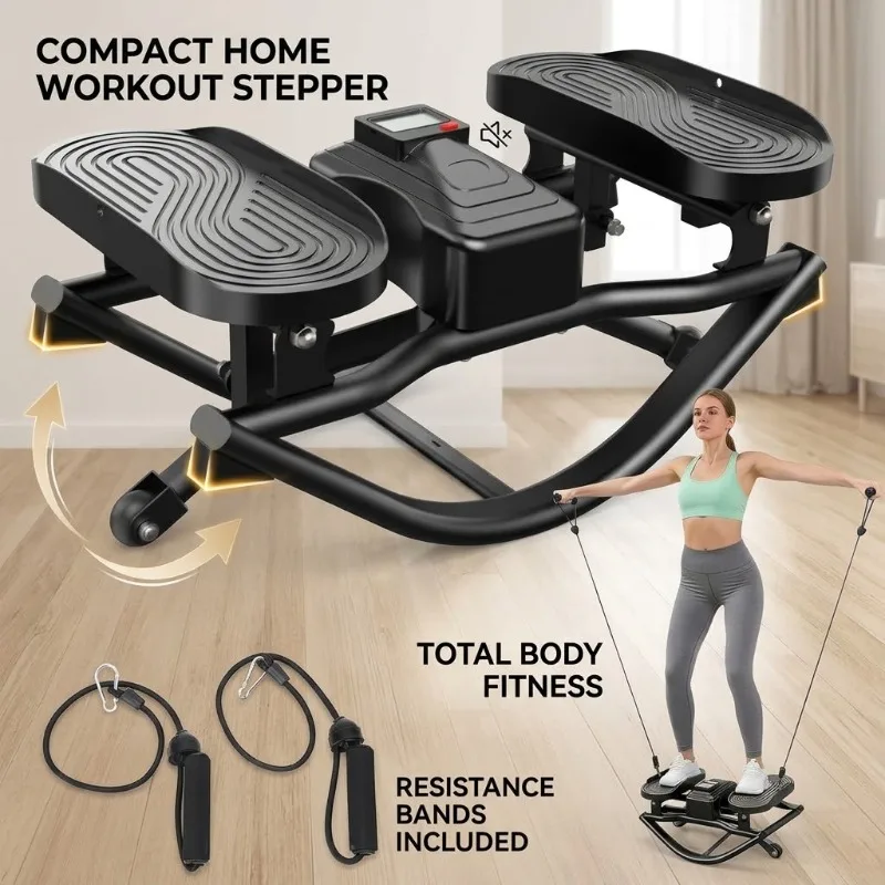U Shape Rocking Mini Stepper Quiet Home Gym Fitness Machine With Resistance Bands Full Body Workout Compact Cardio Stair Climber