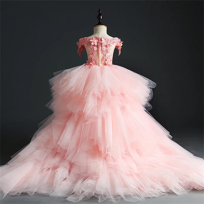 Vestidos De Menina De Flor Destacável Rosa, Fora Do Ombro De Tule, Vestido De Baile De Casamento, Vestidos De Primeira Comunhão, Crianças Pequenas, Bebê