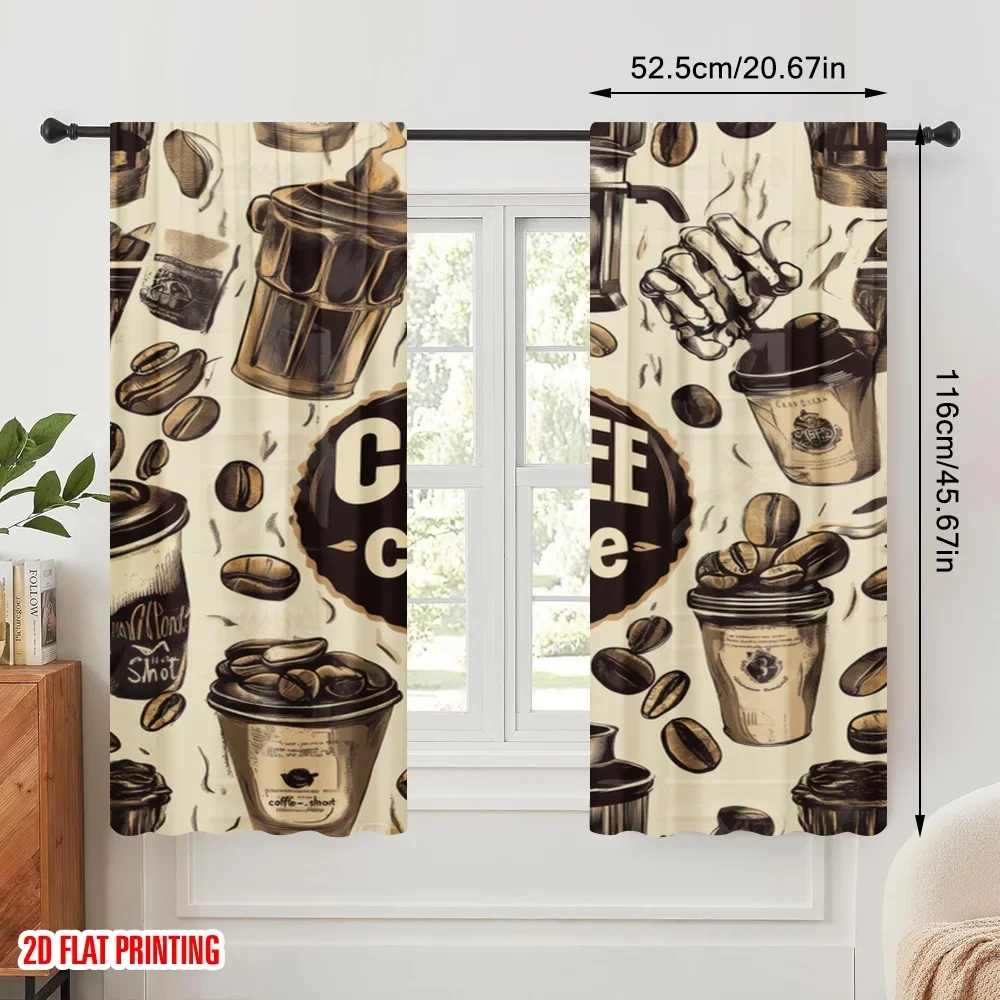 2pcs,2D plane printing Curtain Popular Coffee Collage Versatile Polyester (without rod) Festive for Kitchen Living Room Office