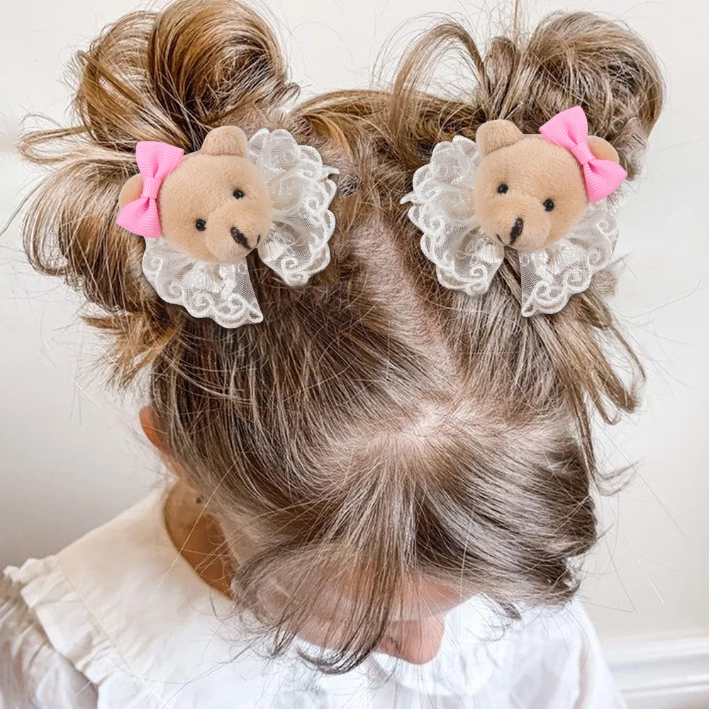 2Pcs/Set Cartoon Bear Hair Clips With Lace Base For Girls Cute Animal Bow Barrettes Children Trendy Headwear Hair Accessories