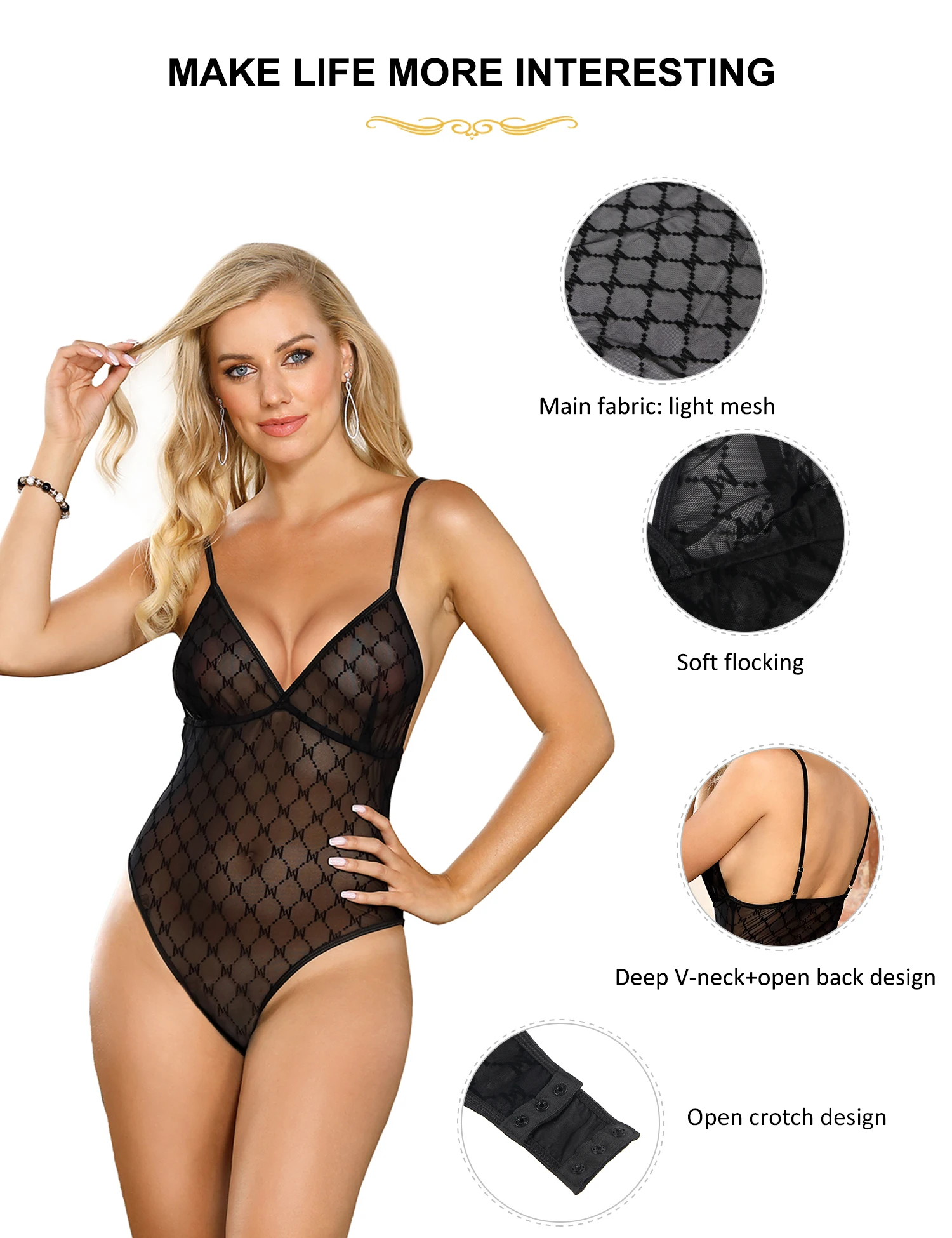 Body Sexy Zwart Perspectief Mesh Kant Geruit Diepe V-hals Ruglooze Verstelbare Bandjes Kruis Open Teddy Dameskleding Lingerie