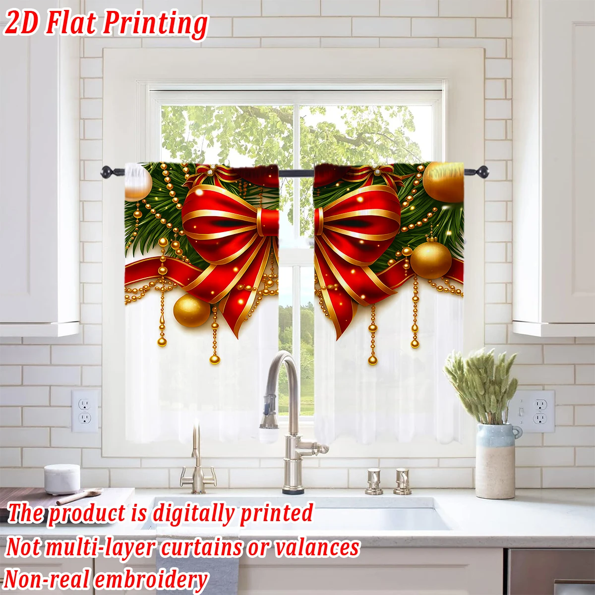Christmas Flat Printing Kitchen Sheer Curtain with Merry Christmas Bow Ball Pine Branch For Christmas Home Decor  Party