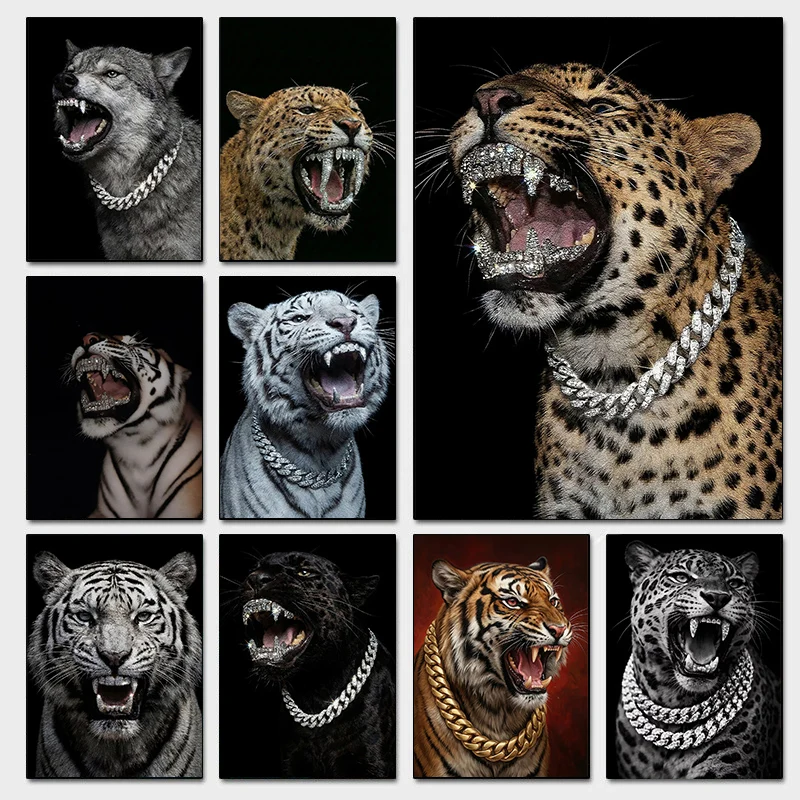 1pc frameless Canvas Painting Luxury Leopard with Diamond Teeth Posters Cool Jaguar Modern Prints Canvas Painting Wall Art Pictu