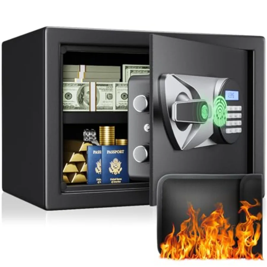 

Home Biometric Safe 1.0 Cub - Fingerprint Recognition Box With Keys Keypad Lock LCD Display Dual Alarm System - Wall Mount Cabi