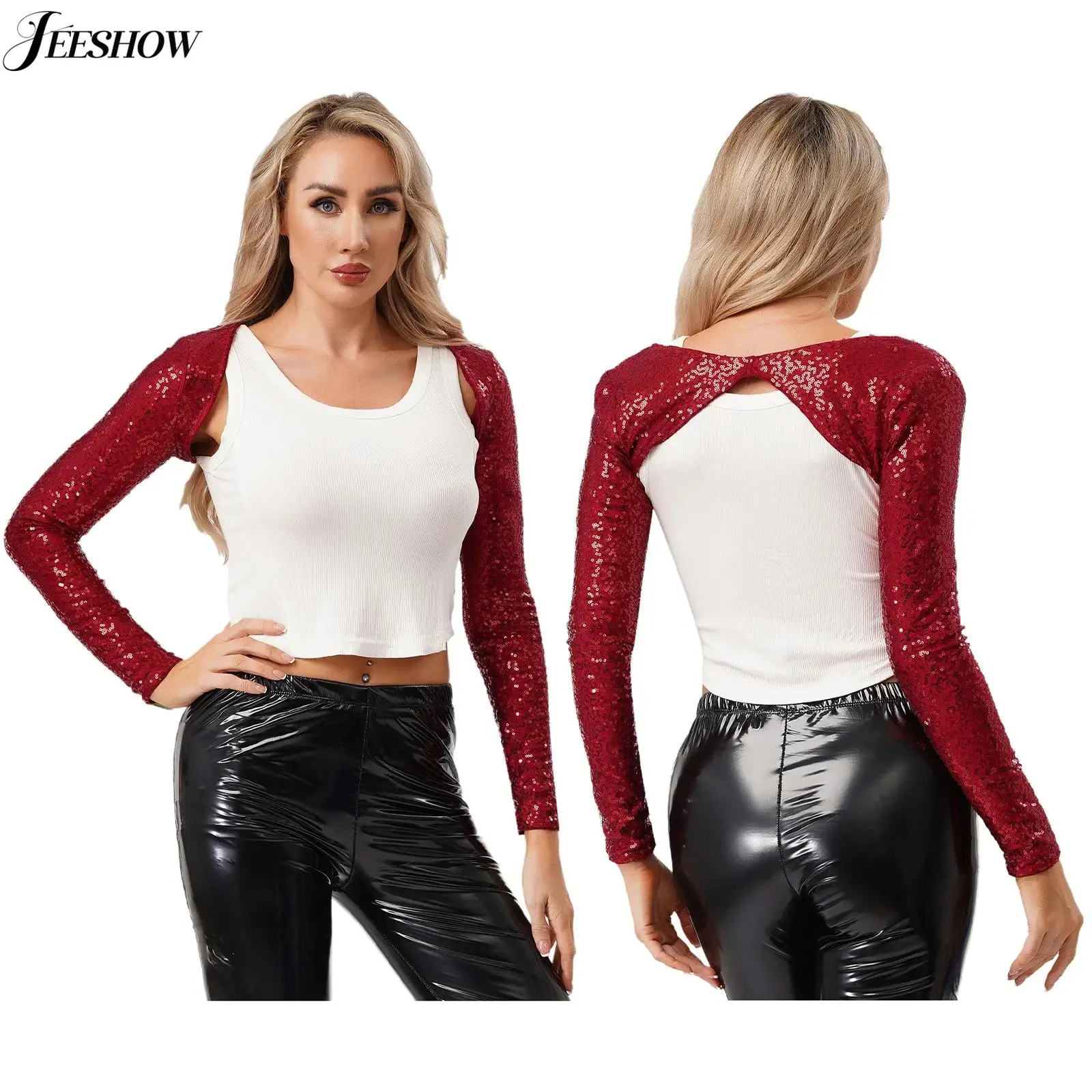 

Womens Shiny Sequin Bolero Sparkly Glitter Long Sleeve Open Front Shrug Shawls Tops Cocktail Party Cropped Cardigan Blouse Top