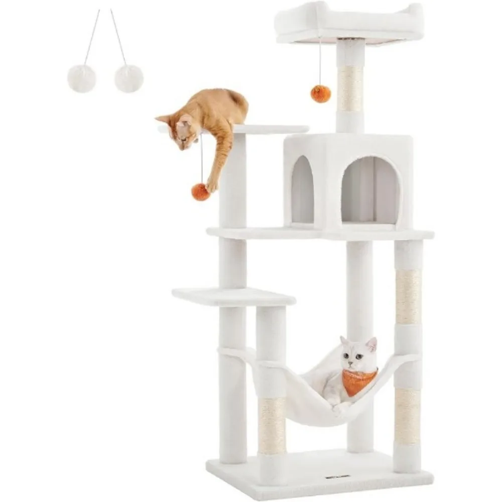 

56.3-Inch Cat Tower for Indoor Cats, Multi-Level Cat Condo with 4 Scratching Posts, 2 Perches, Hammock, Cave, Light Gray