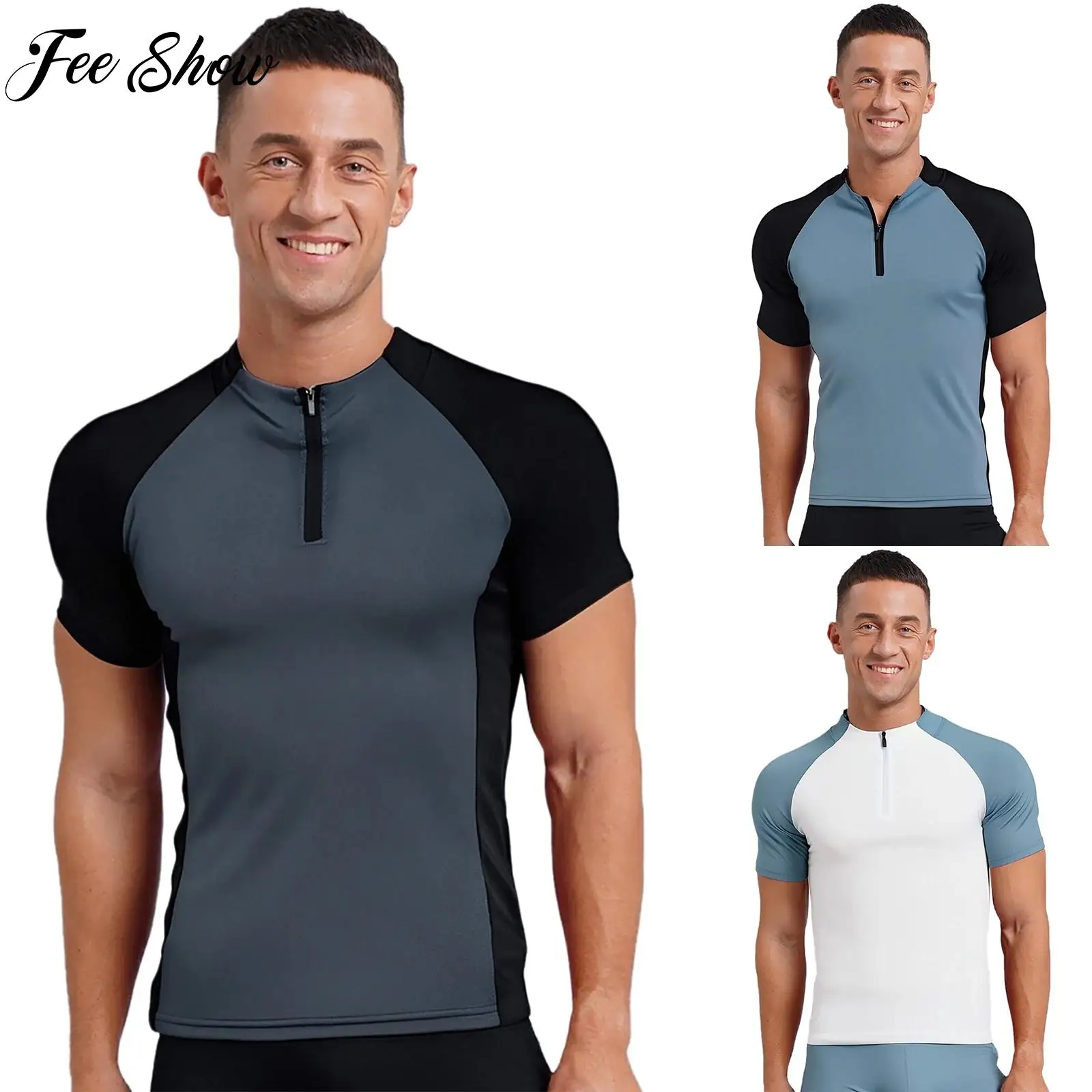 

Men Fashion Color Block Athletic Top Zipper Crew Neck Short Sleeve Quick-Drying Breathable Sports T-shirt for Casual Workout Gym